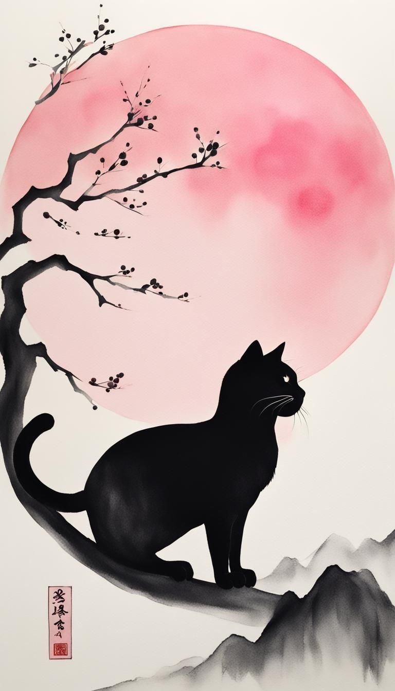 Minimalist Chinese Ink Painting: Cat in Moonlight