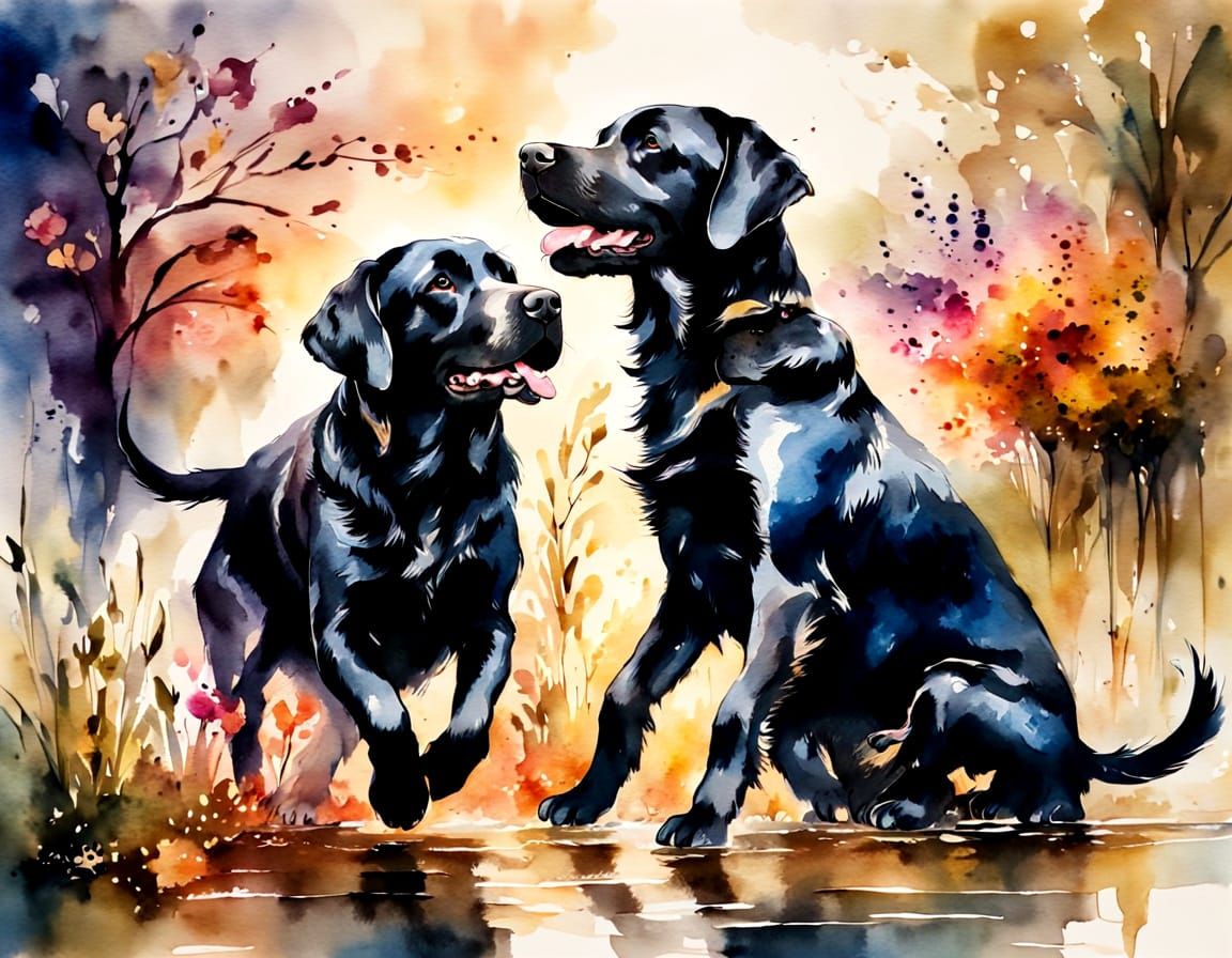 Joyful Black Labradors in Ink Watercolour Illustration