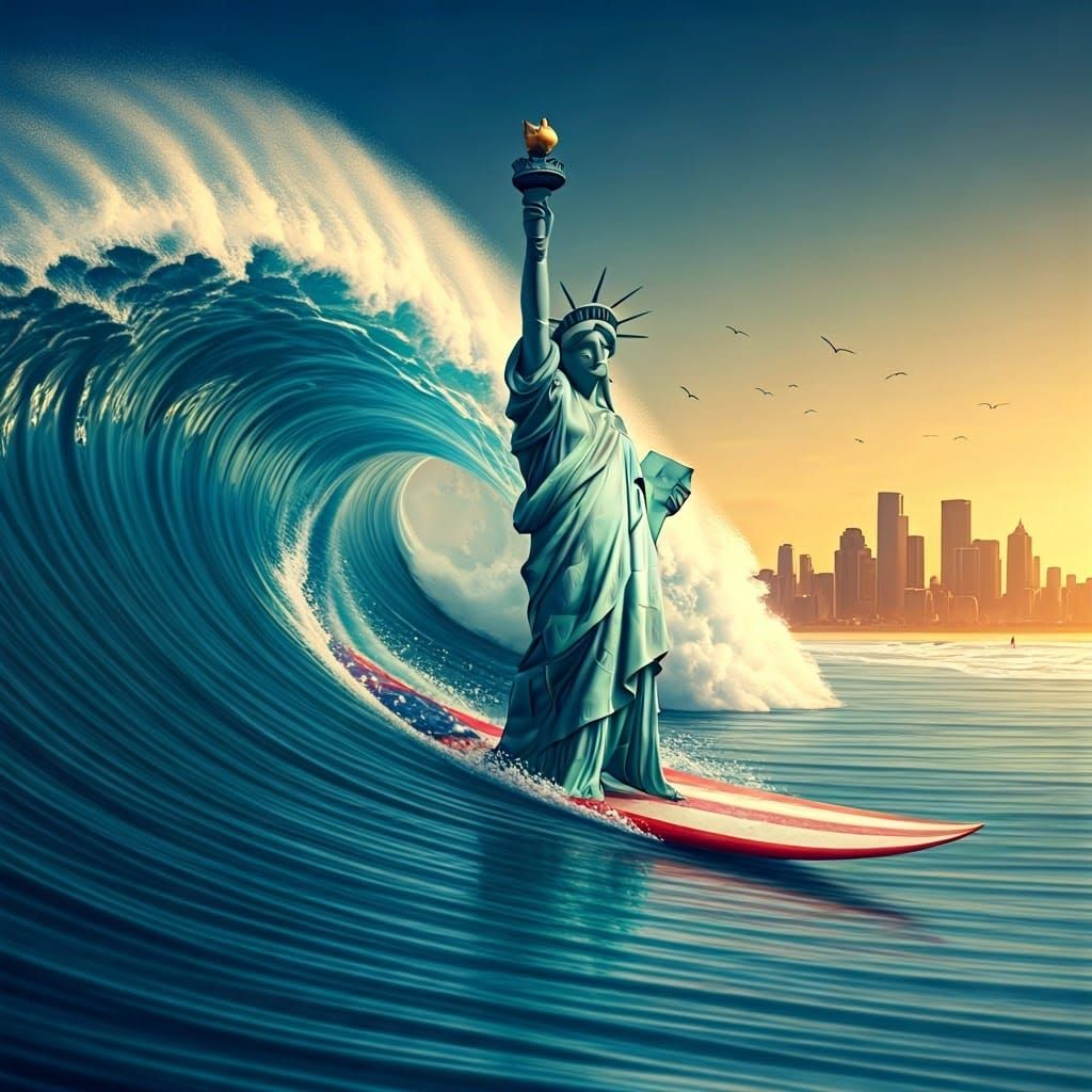 Statue of Liberty Surfing Iconic Wave at Sunset