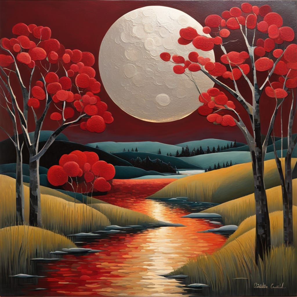 Silver Moon Impasto Riverscape with Red Bridge