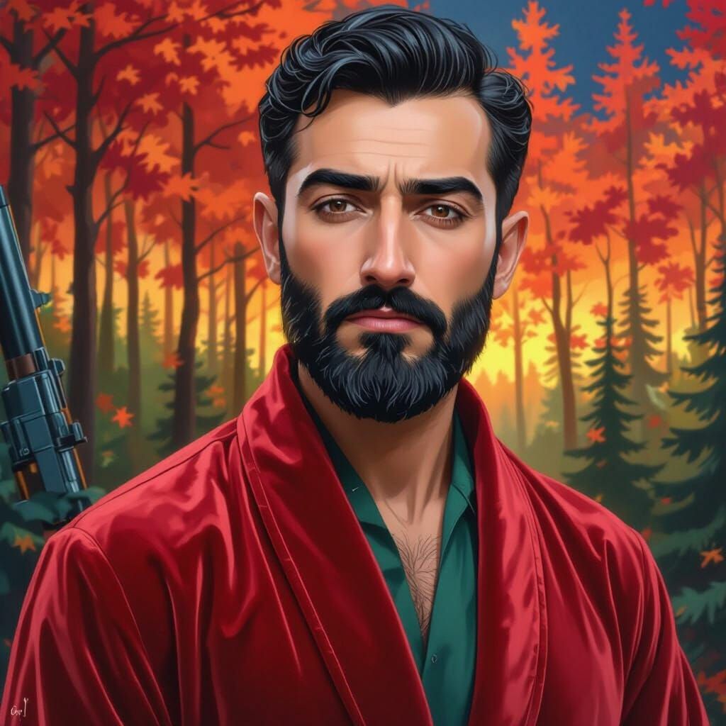 Anxious Man in Autumn Forest, Matte Painting Style