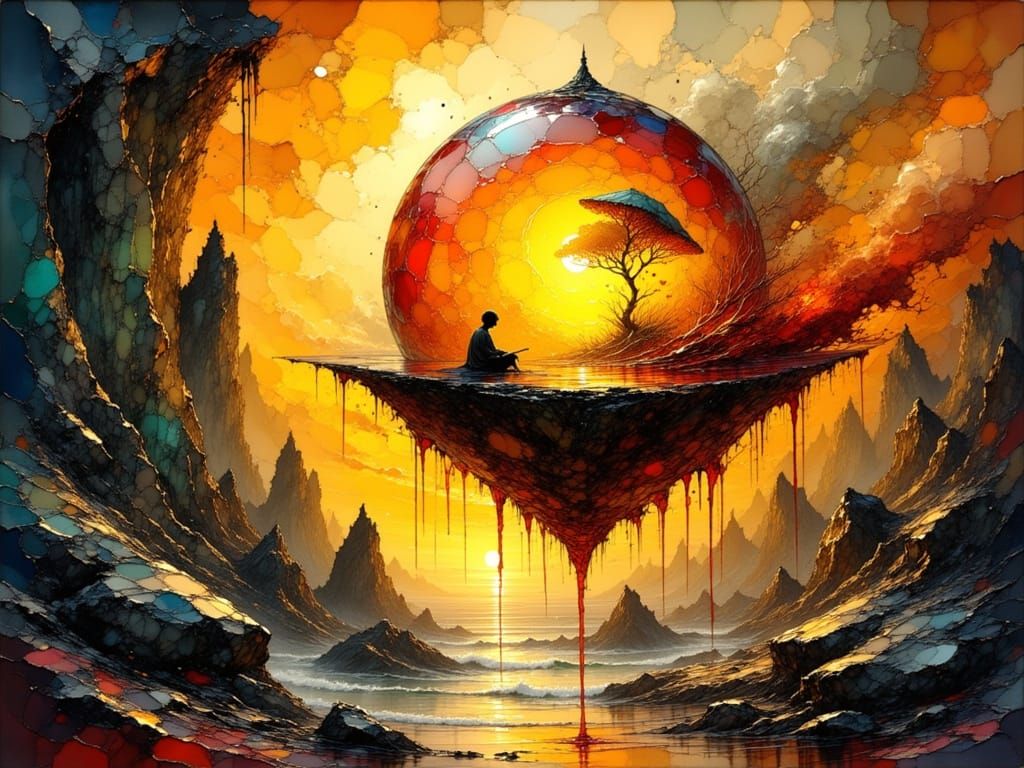 A phosphorescent clothed earthball in swirling smoke, formed from honey coils inside a levitating amb...