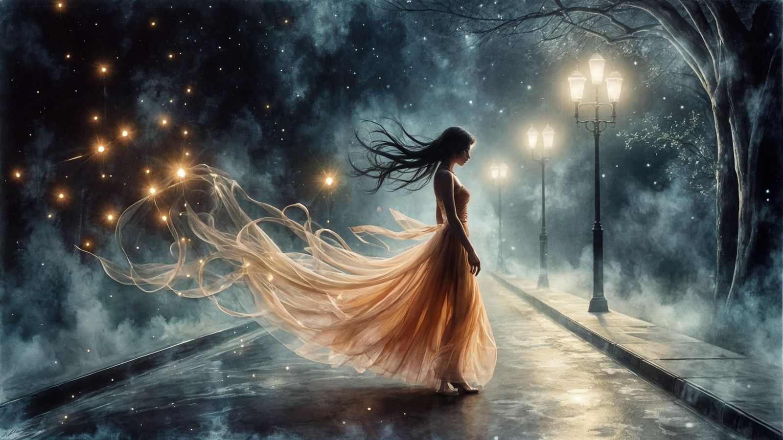 A Dreamy Enchantment: A Woman in the Nighttime Breeze