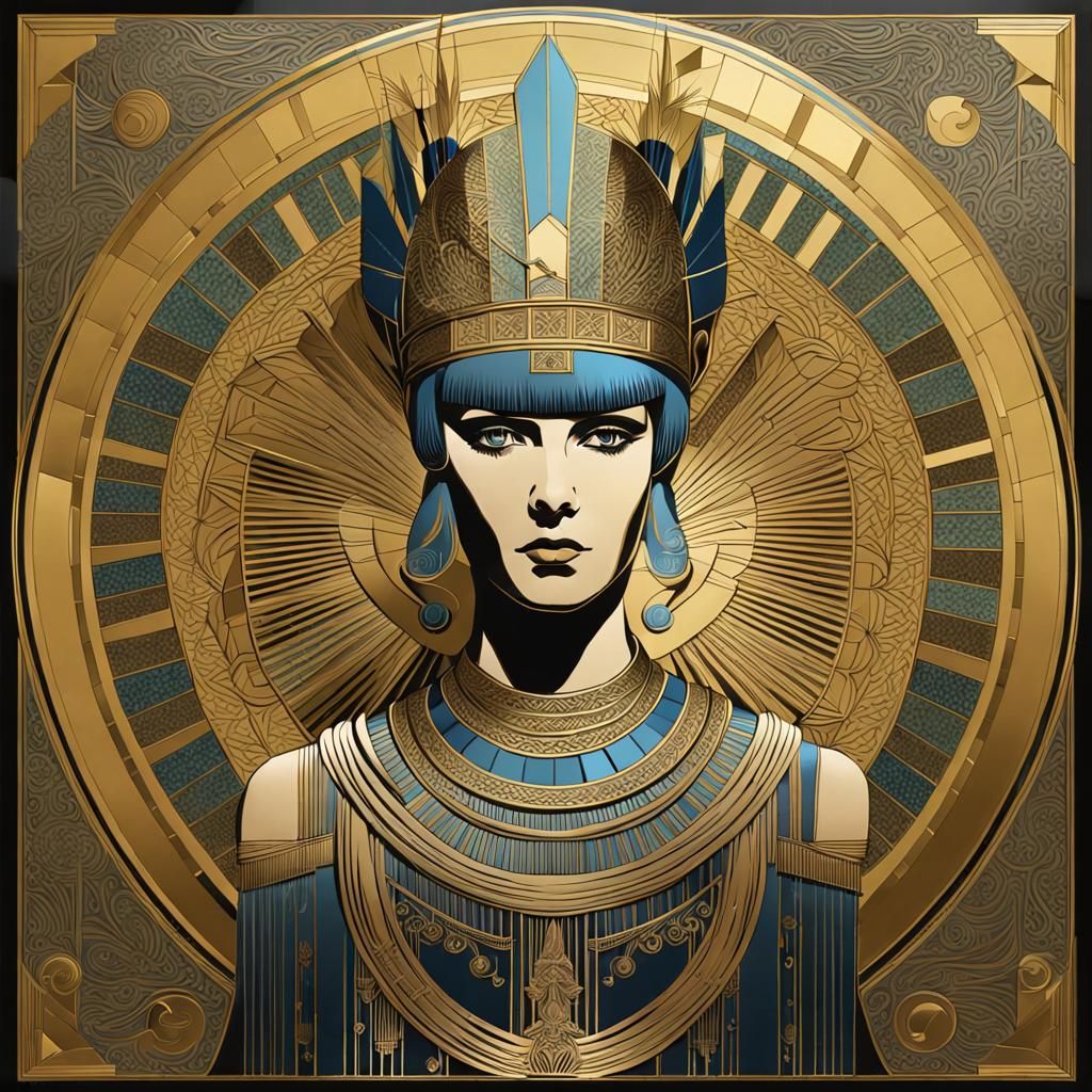 Goddess of Victory in Geometric Steel Engraving Style