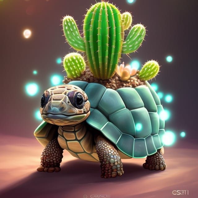 Chibi Desert Tortoise with Cactus Shell: Digital Art
