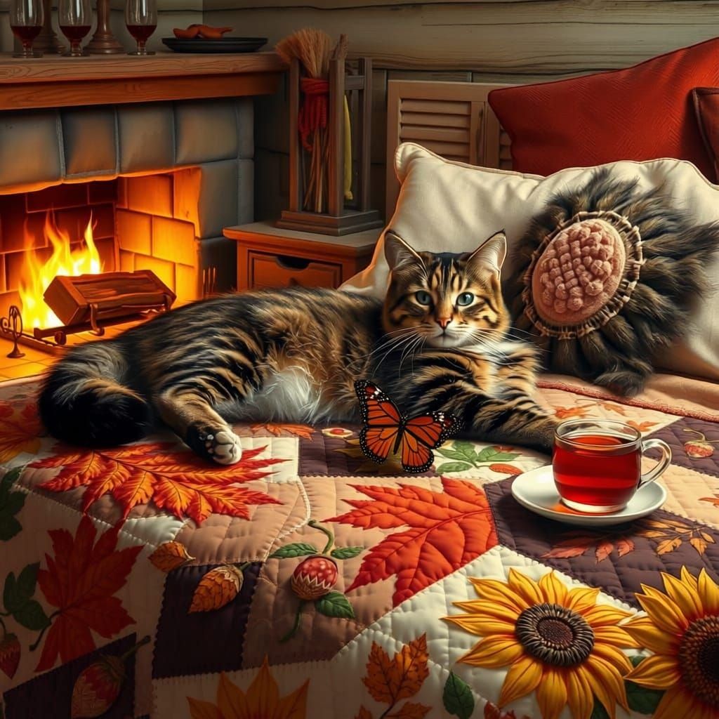 Cozy Autumn Scene with Majestic Mainecoon Cat