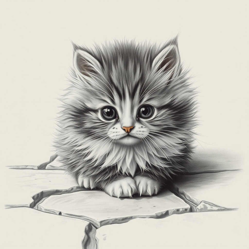 Detailed Charcoal Drawing of a Fluffy Kitten