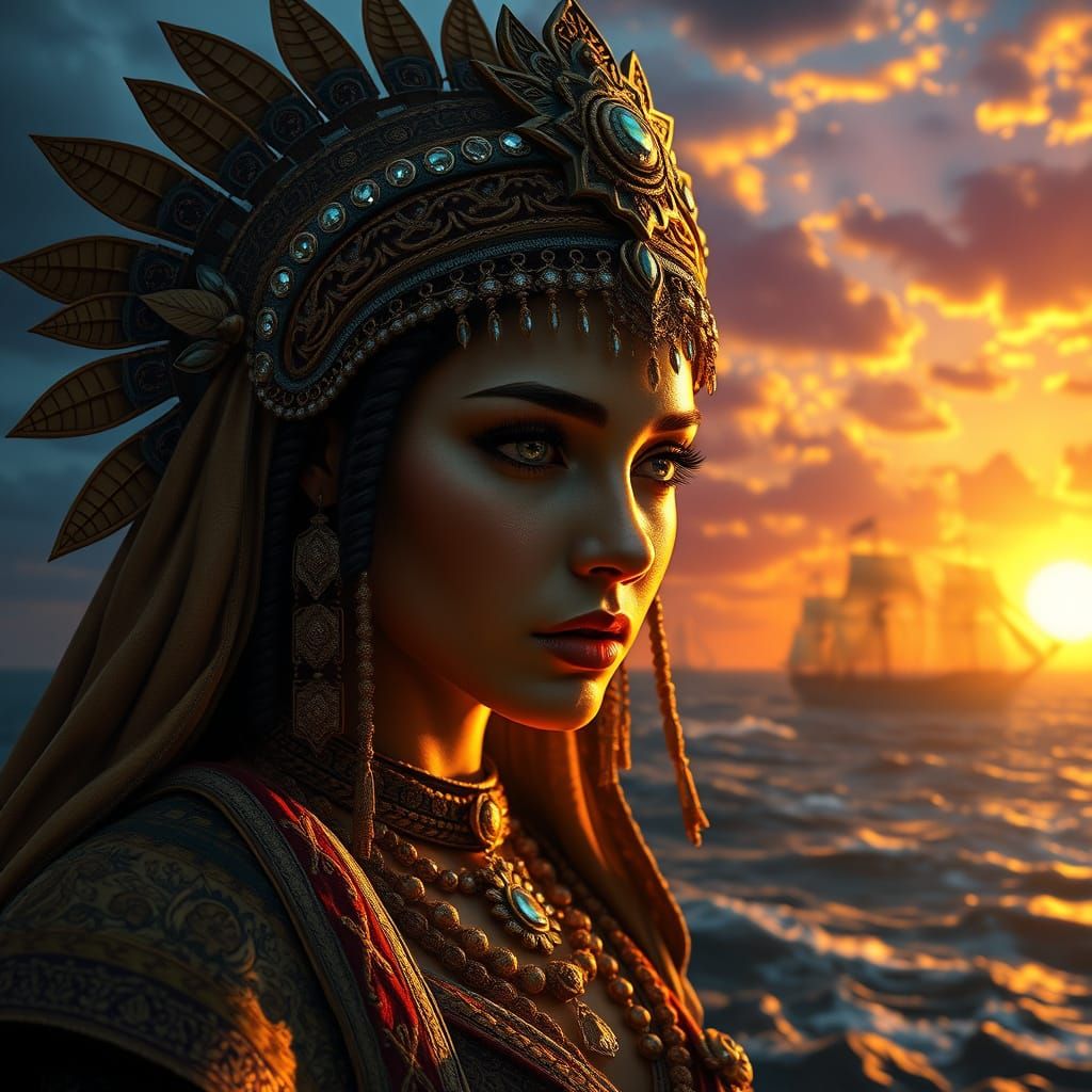 Aztec Princess in Sorrowful Splendor Amidst Spanish Galleons