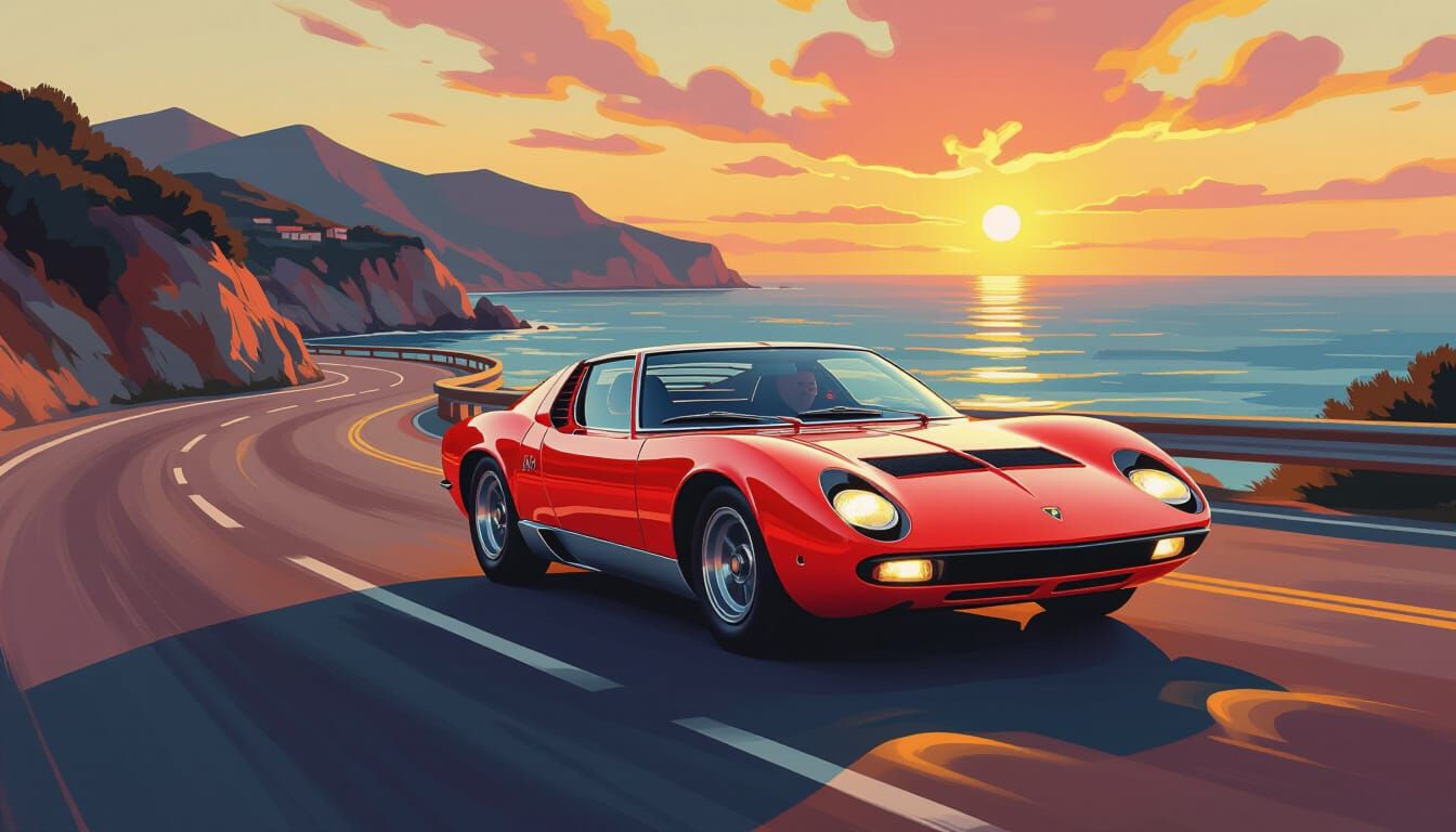 Lamborghini Miura at Sunset in Expressionist Style
