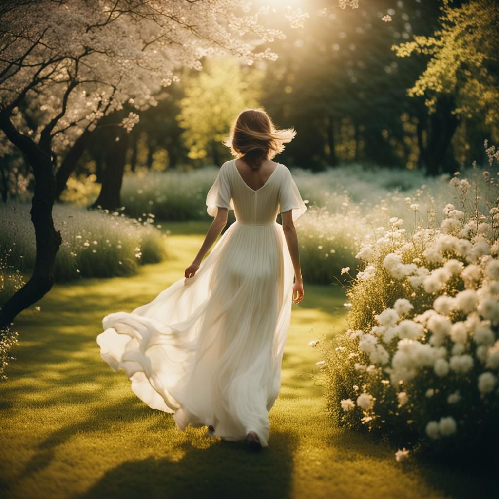 Woman in White Dress in Blooming Spring Garden