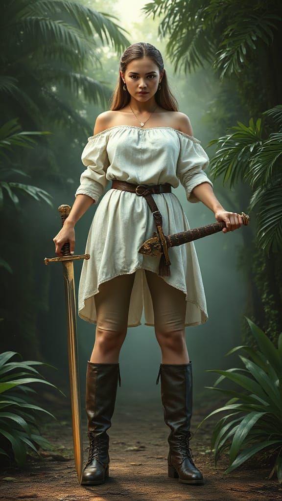 Surreal Medieval Warrior in a Jungle Paradise with Photoreal...