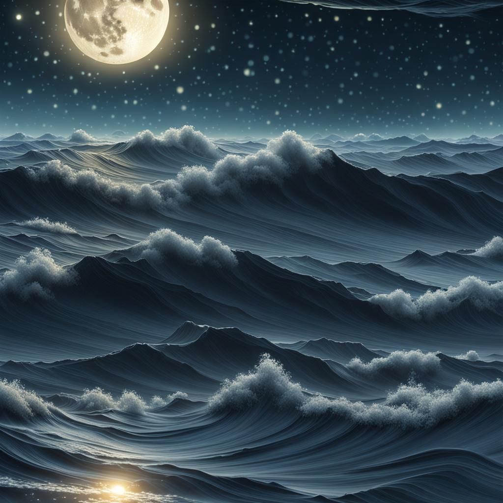 Ethereal Moonbeams Dancing on Ocean Waves in 3D