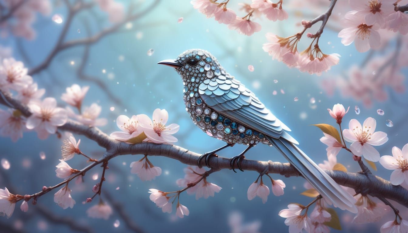 Crystal Bird with Diamonds on Cherry Blossoms in Ethereal Li...