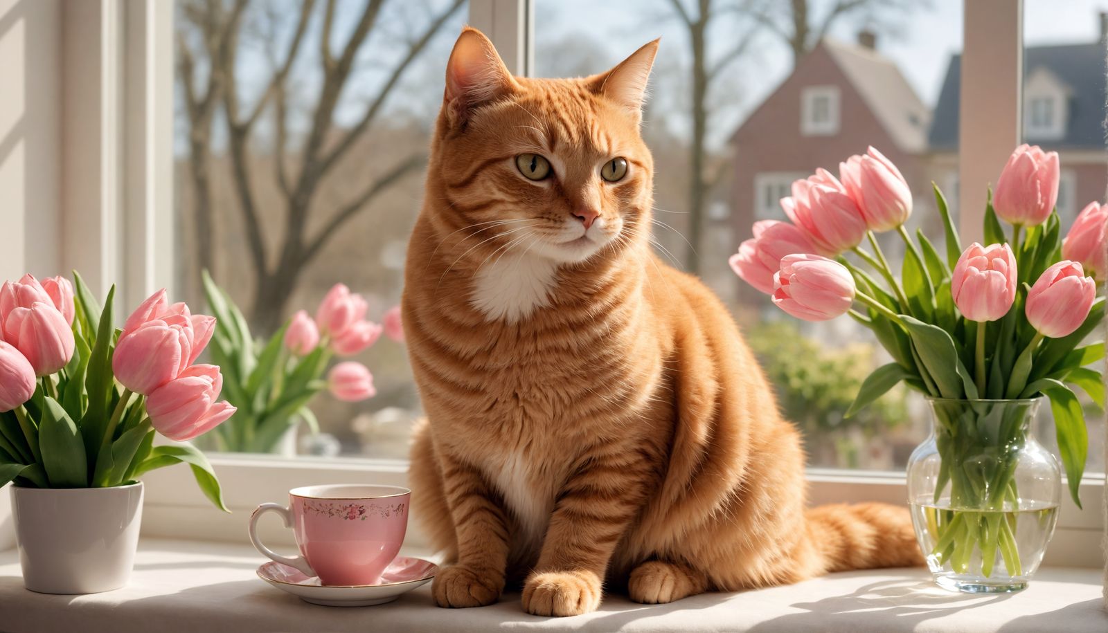 Smiling Tabby Cat with Tulips in Cozy Home Decor