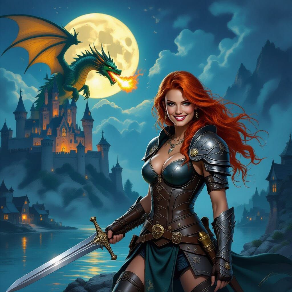 Redhead Warrior Princess Fights Dragon Over Village