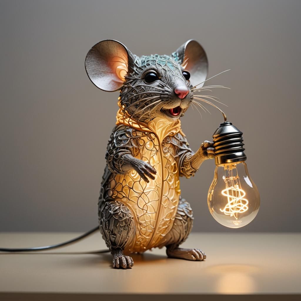 Mouse Holding Lightbulb: Modern Resin Art Sculpture