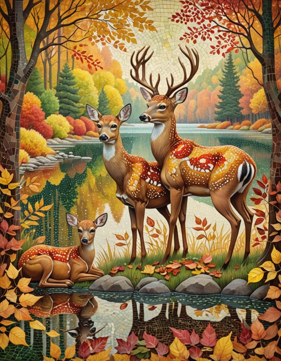 Resting Deer in Autumn Forest, in Pointillist Art Nouveau St...