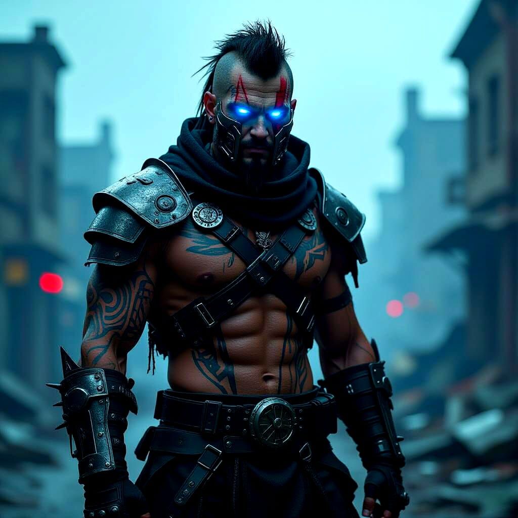Cyborg Berserker in War-Torn Cityscape