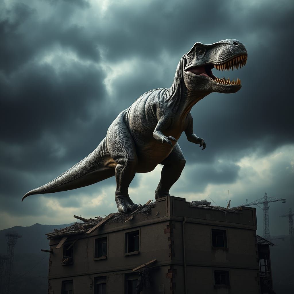Tyrannosaurus Rex Roars Atop Ruined Building