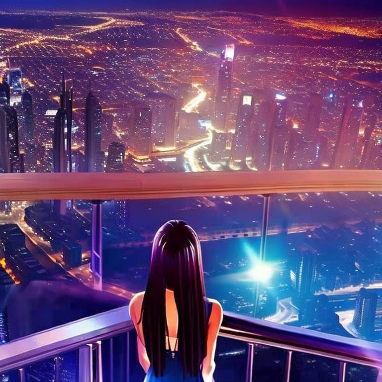 Anime Girl Observes Ethereal Cityscape at Night