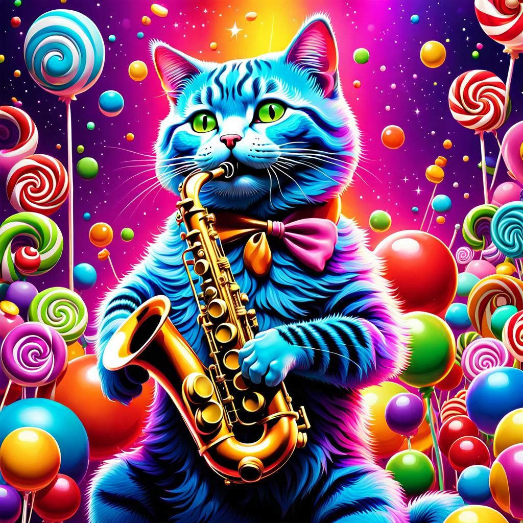 Psychedelic Cat Saxophonist in Candy Art Style