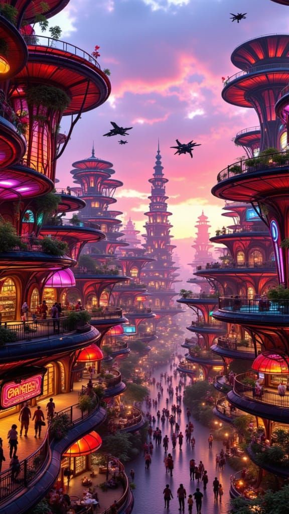 Cyberpunk Oriental Market at Dusk with Flying Drones