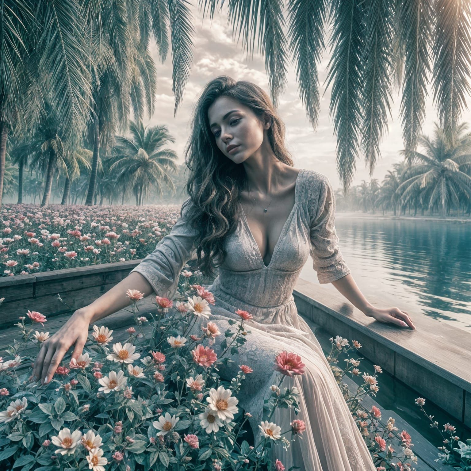Ethereal Woman in Long Robe, Surrounded by Realism and Surre...