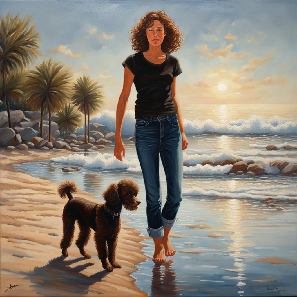 Woman and Poodle on Beach as Oil Painting