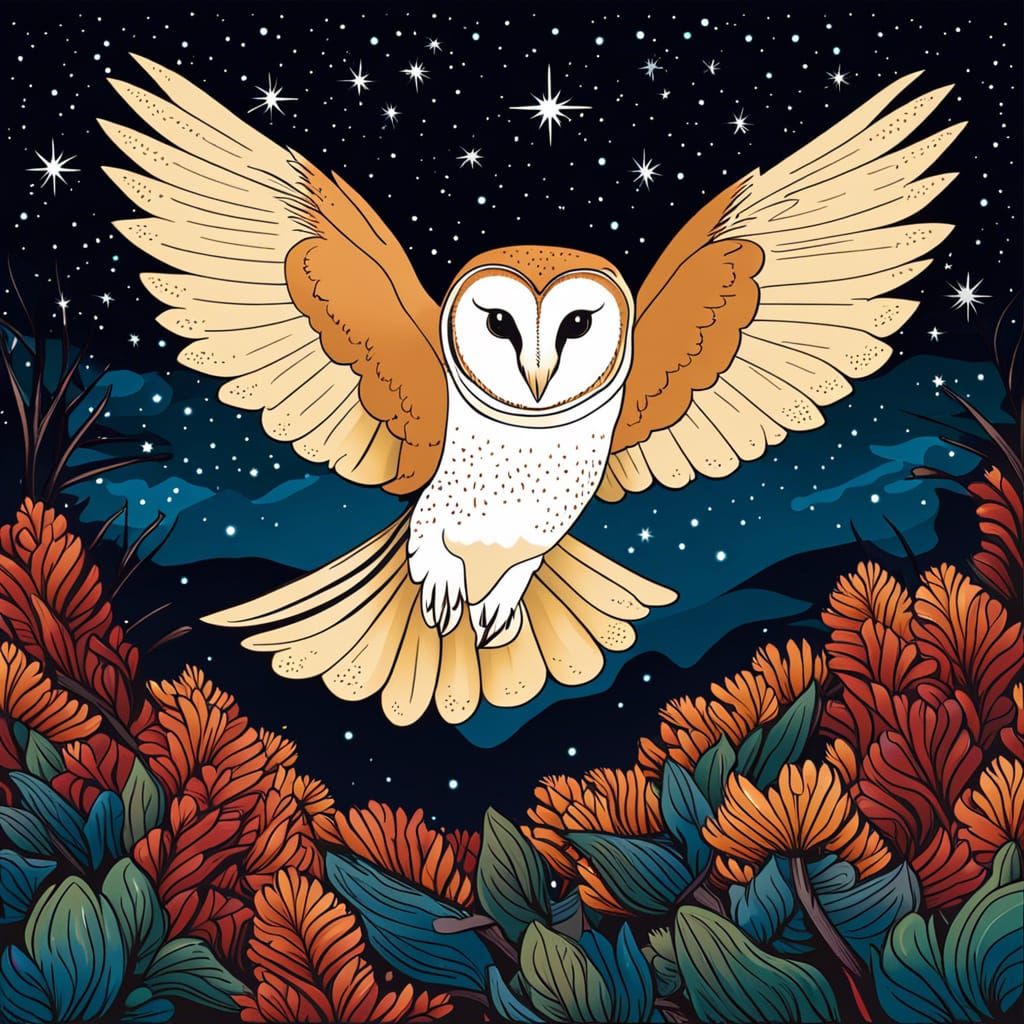 Fluffy Barn Owl in Starry Night, Art Brut Style
