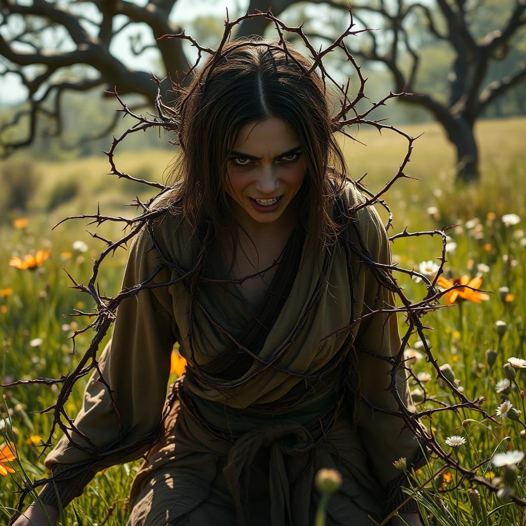 Woman Ensnared by Thorns in Hyperrealistic Meadow