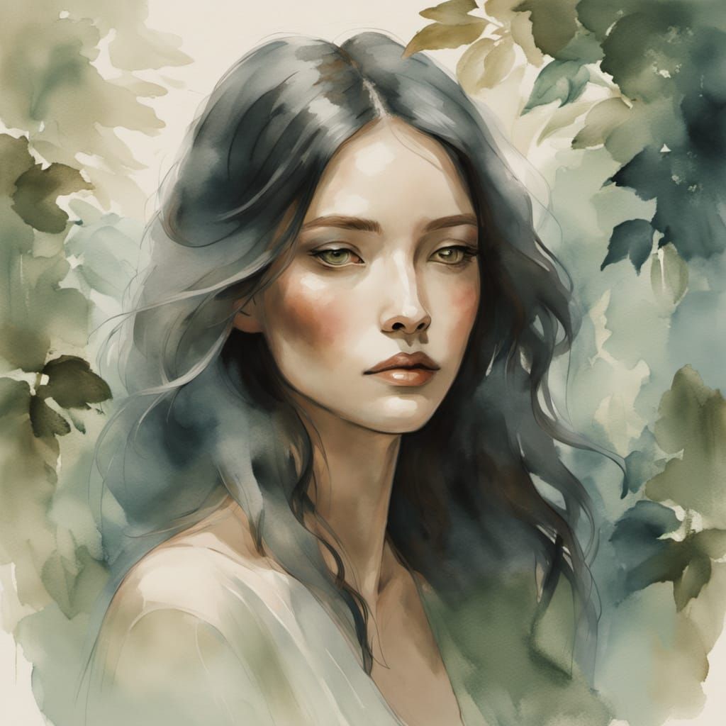 Serene Woman in Misty Forest Watercolor Painting