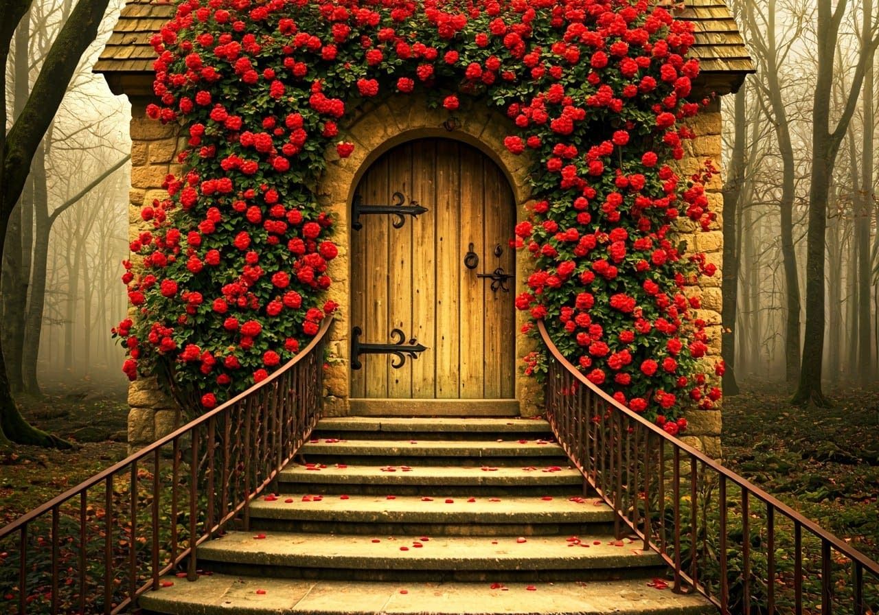 Whimsical Stone Cottage in Vibrant Red Roses
