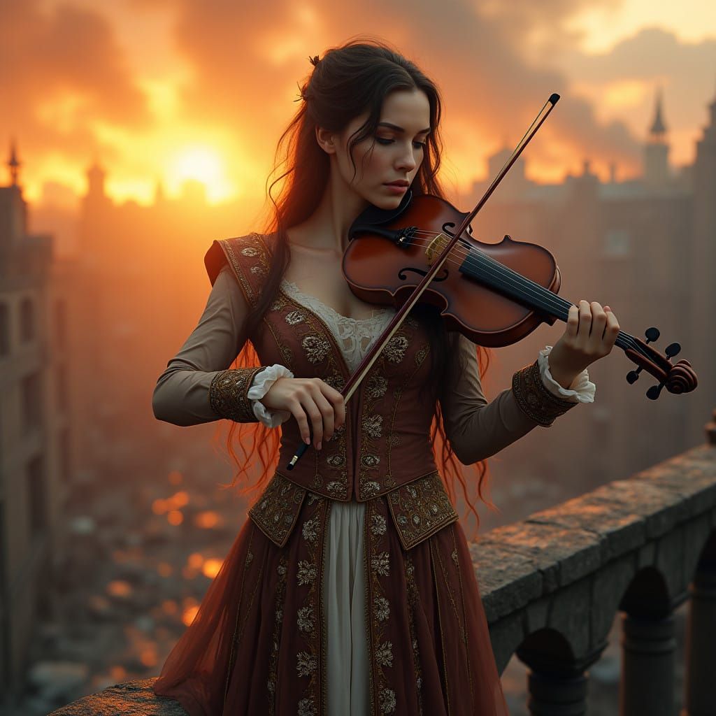 Regal Beauty Amidst Burning Ruins, in HDR-Style High-Fashion...