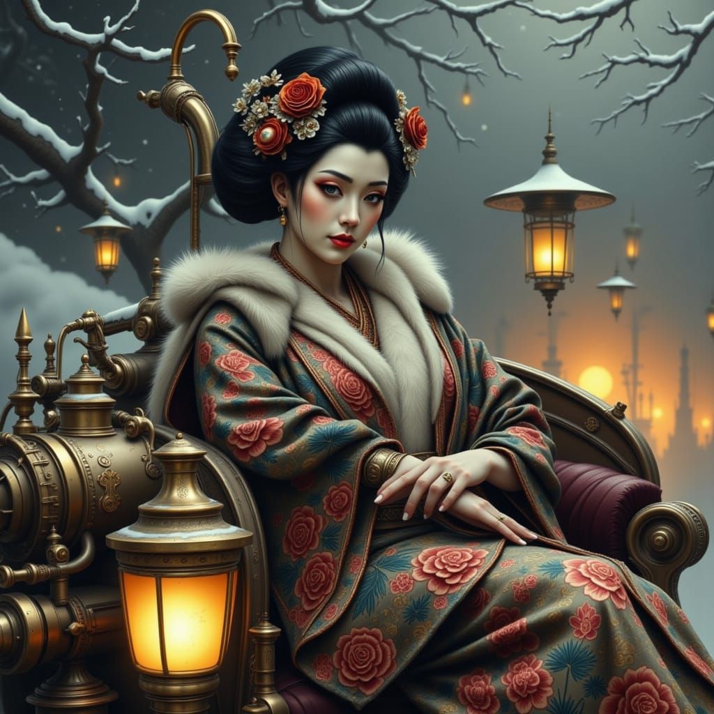 Steampunk Geisha in Flying Car with Snowflakes