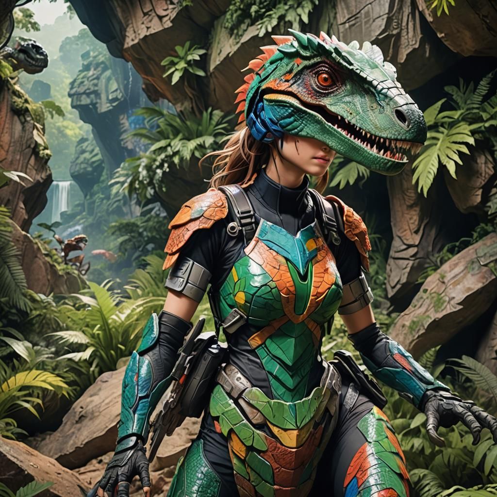 Anime Woman Rides Velociraptor in Hyperrealistic 3D Art