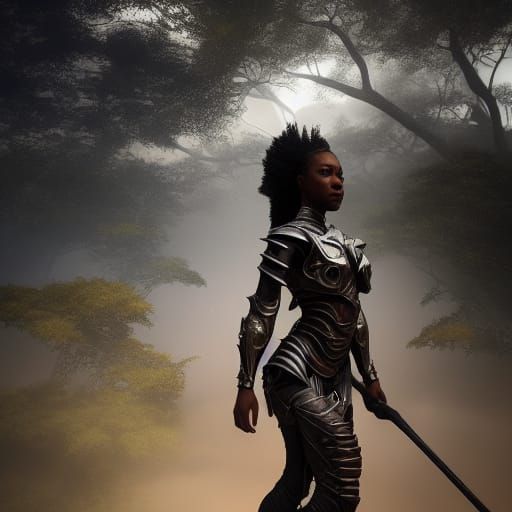 Armored Woman in Fantasy Landscape, Hyper-Realistic Lighting