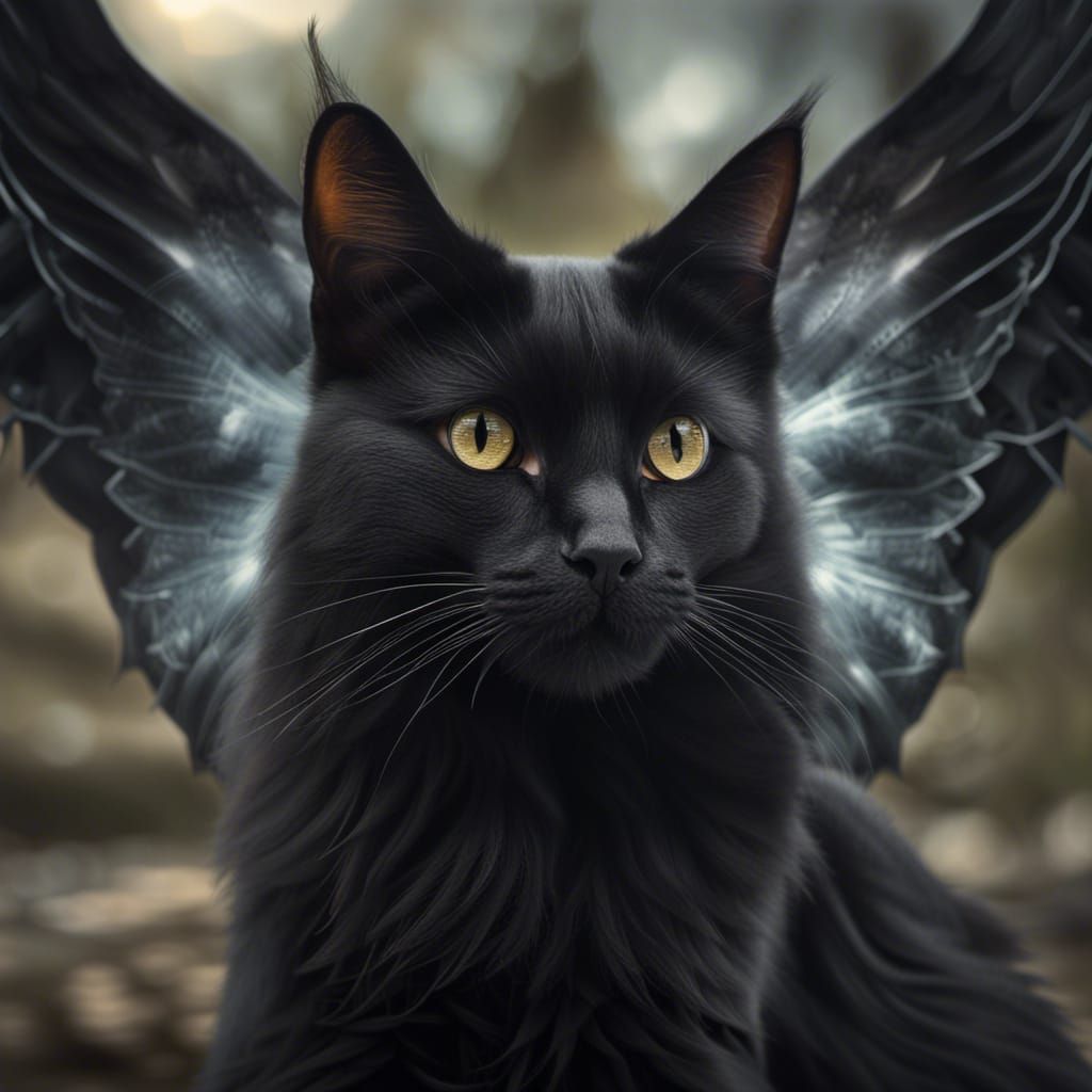 Beautiful black cat with angel wings& angelic vibes& gothic vibes& ethereal vibes& fantasy vibes& dark fantasy vibes