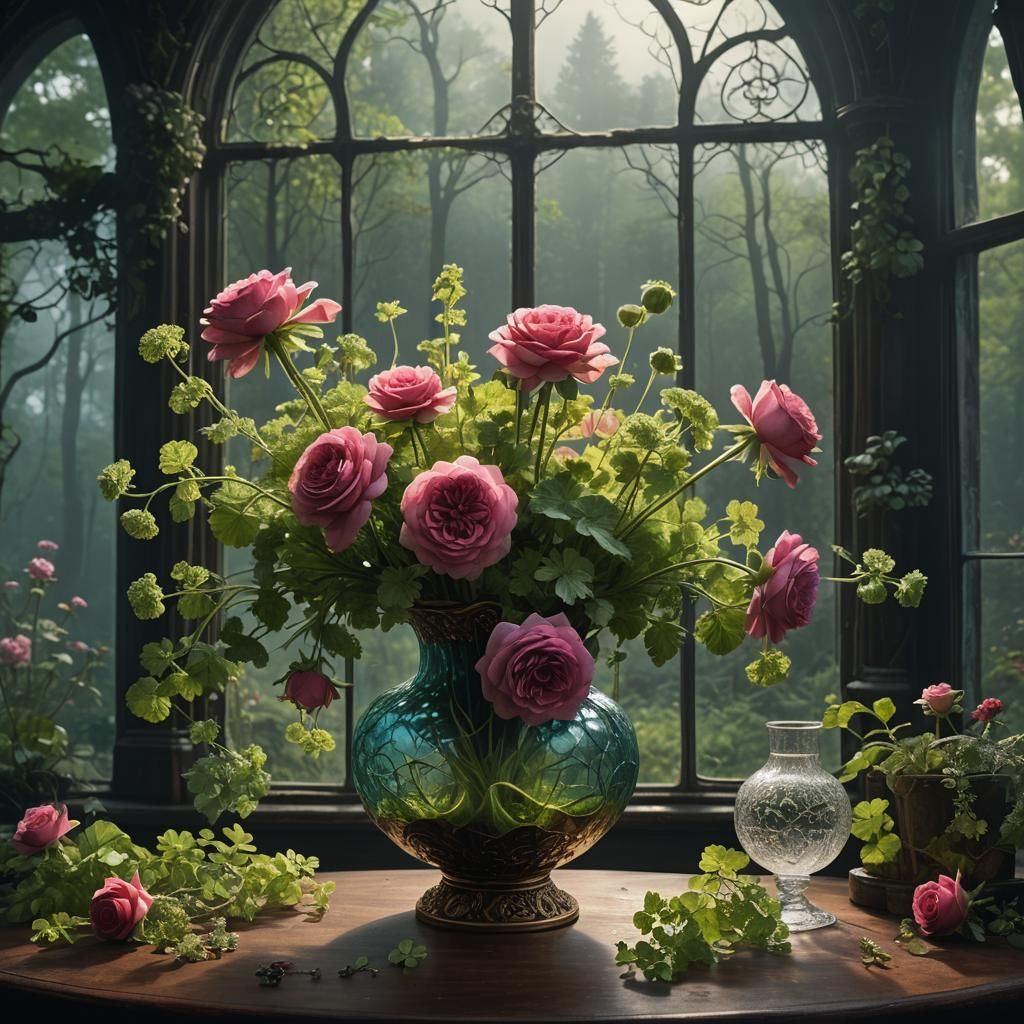 Alchemilla and Roses Still Life: Maximalist Digital Painting
