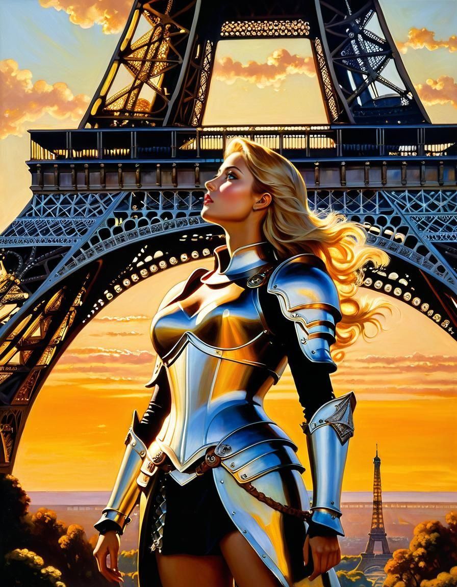 Joan of Arc Views Eiffel Tower: Photorealistic Style
