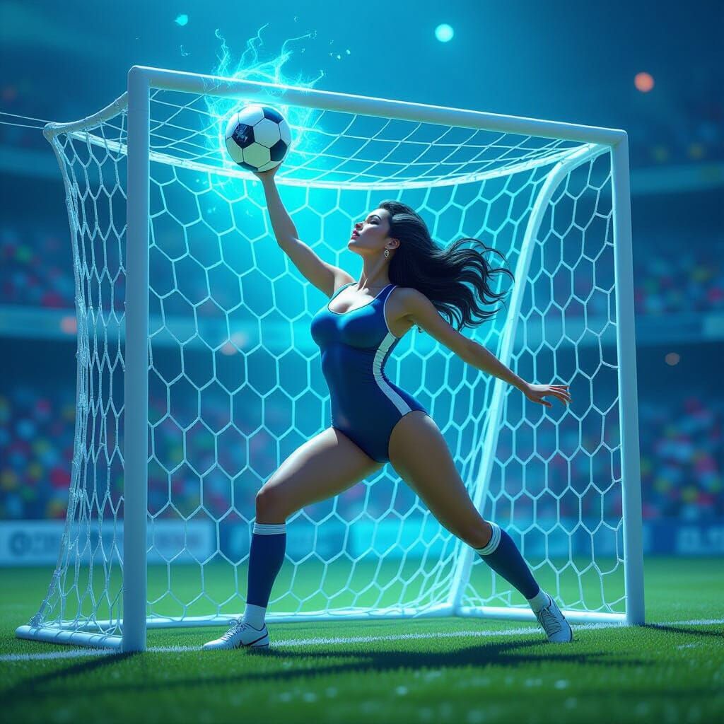 Pin-Up Woman Catches Soccer Ball in Bioluminescent Goal