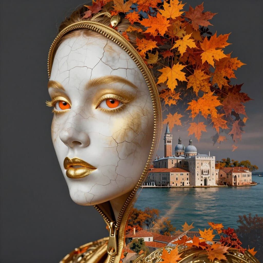 Woman's Face Blends Into Venice Autumn Landscape Digital Art
