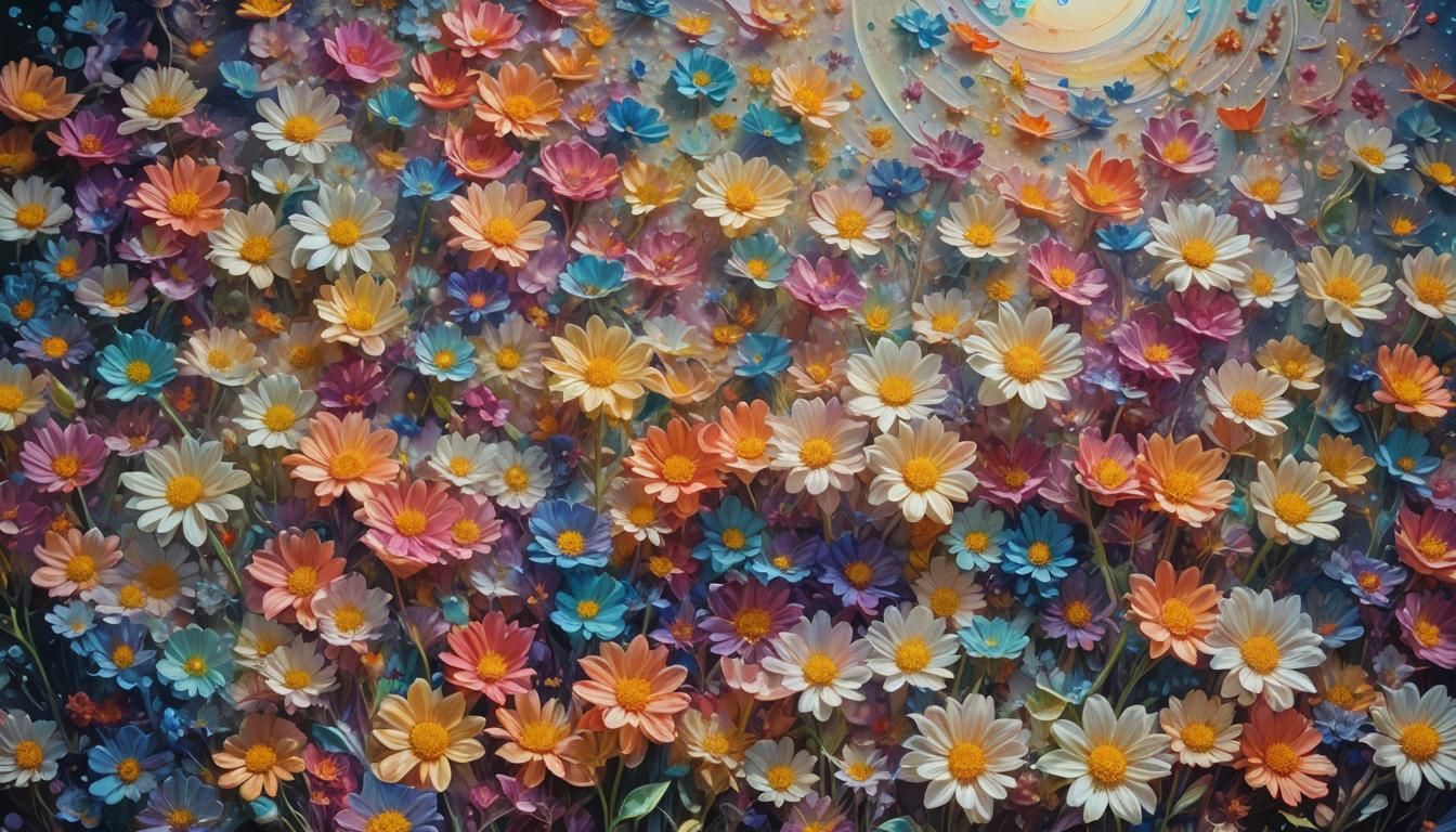 Rainbow Cosmic Flowers on the Moon in Surreal Style