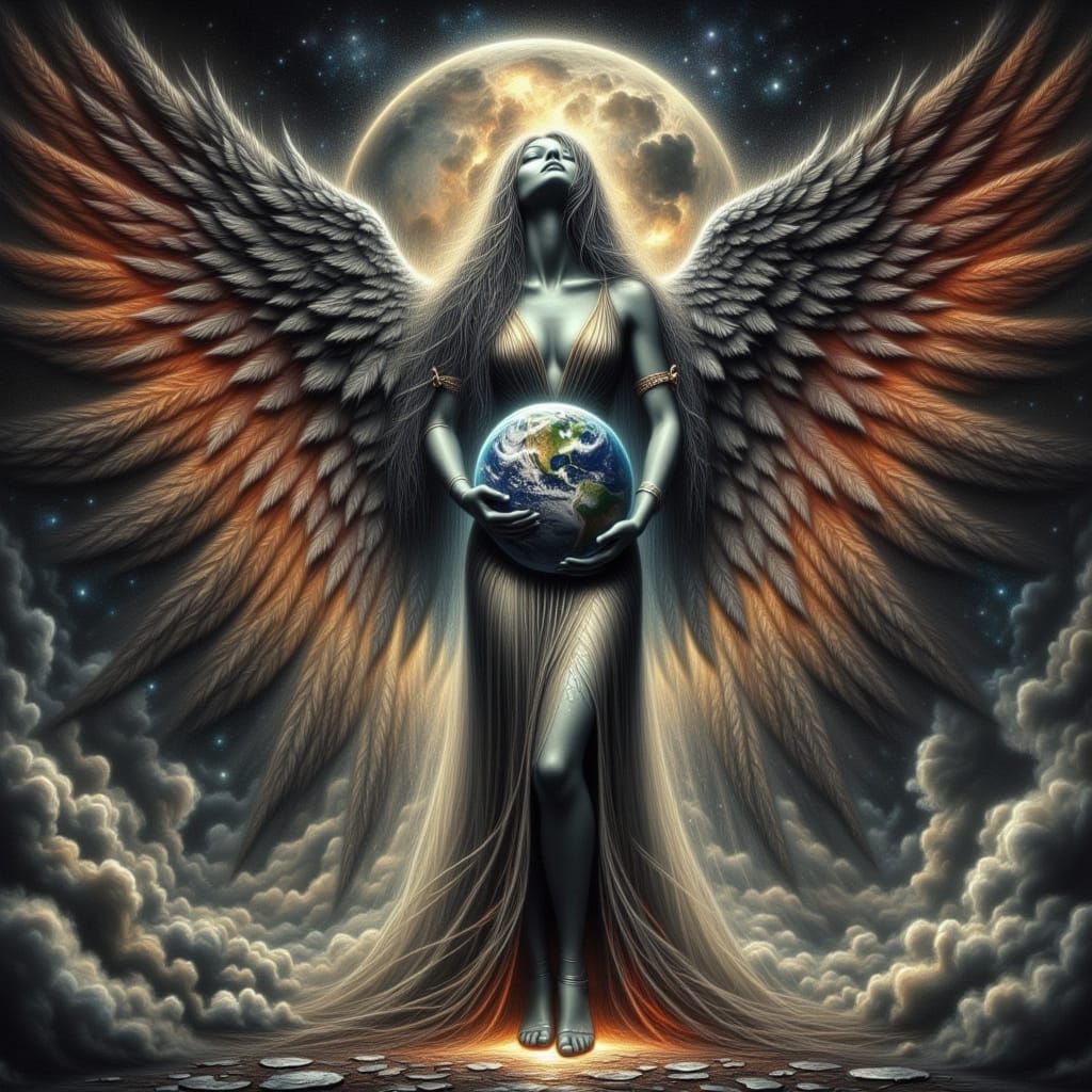 Fallen Angel Holding Earth: Gothic Dystopian Art