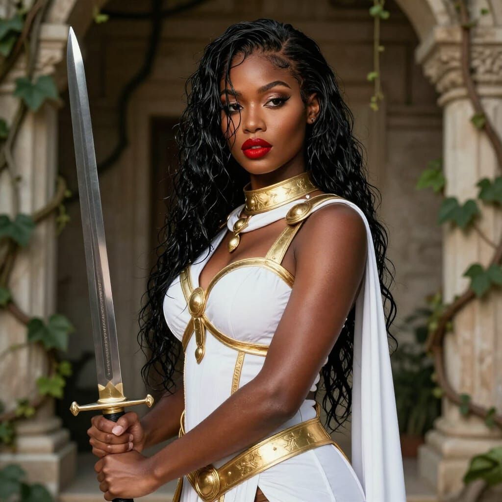 African Warrior Goddess in Gold Armor with Sword