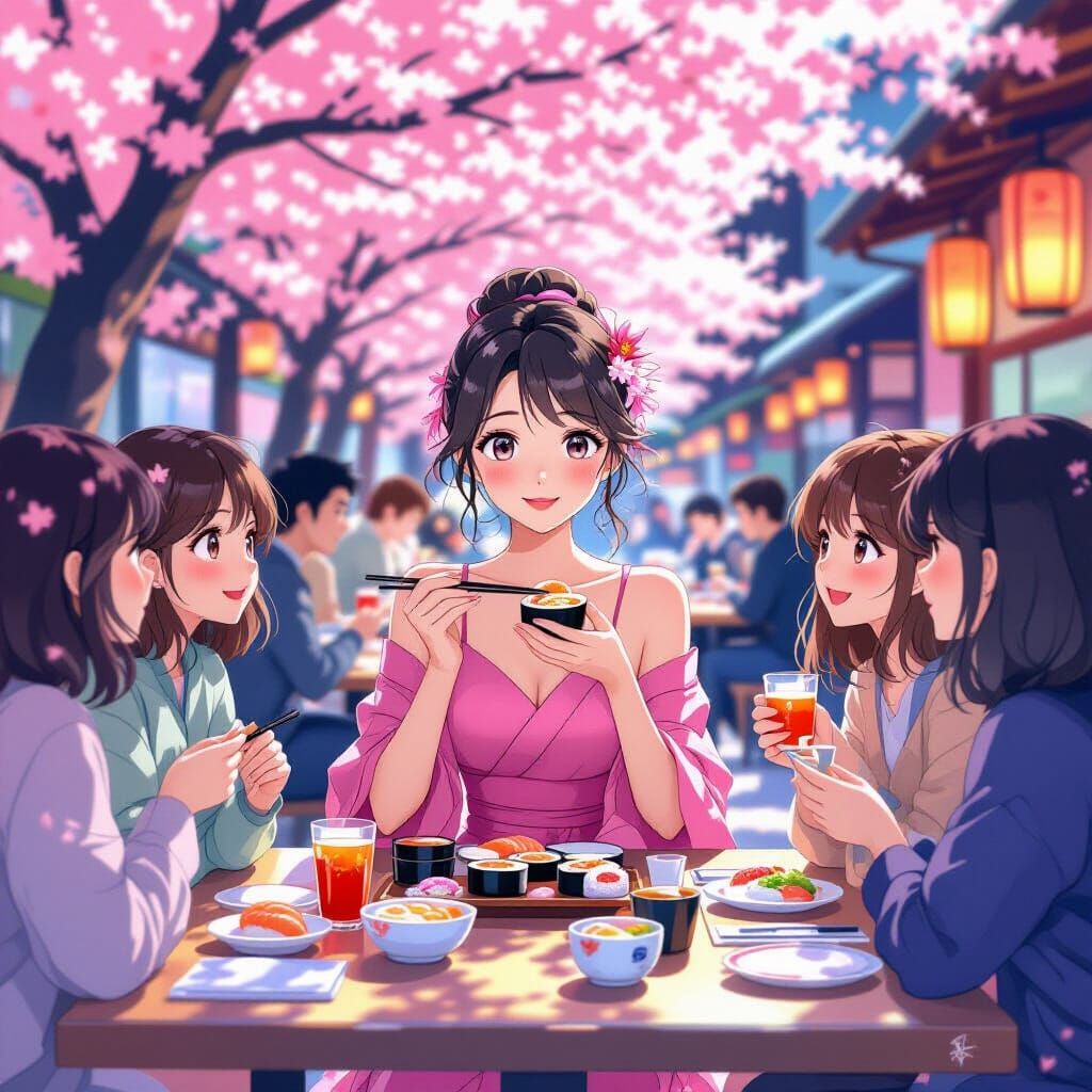 Anime Girl's Sushi Feast Under Cherry Blossoms