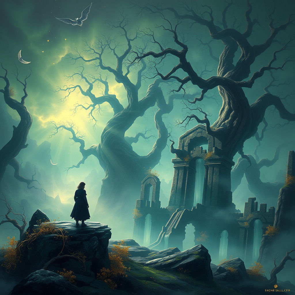 Ethereal Realm: A Contemplative Figure in Matte Painting Sty...