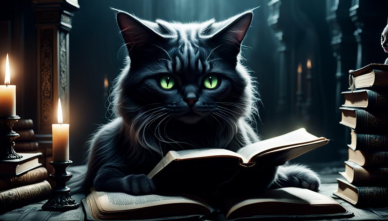 Witch's Cat on Tome in Mystical Style