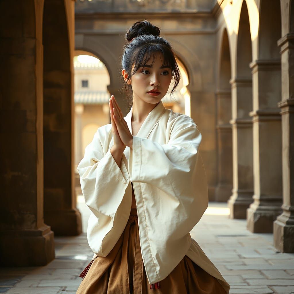 Elegant Martial Artist in Ancient Temple