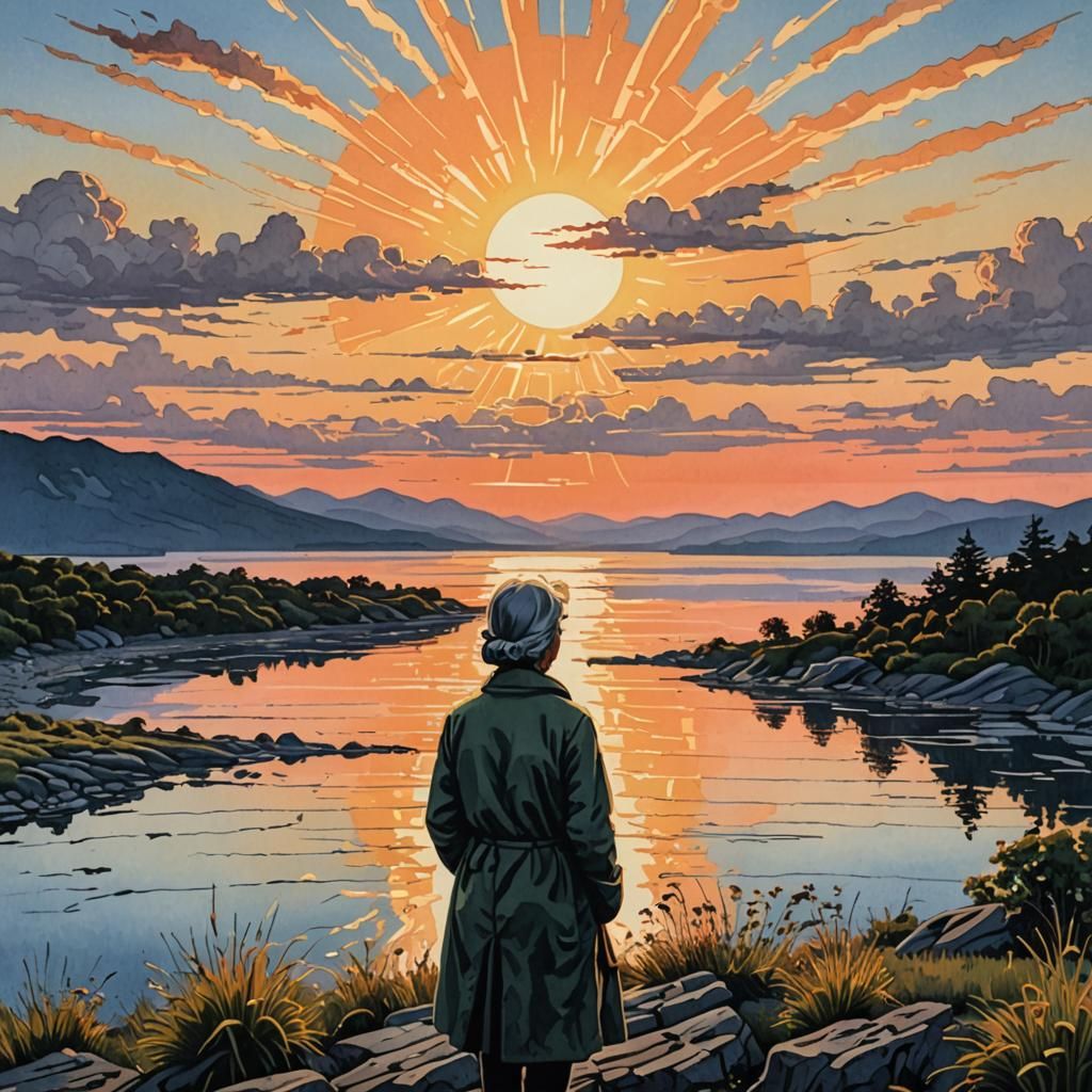 Woman Watching Sunrise: Gouache, Intricately Detailed