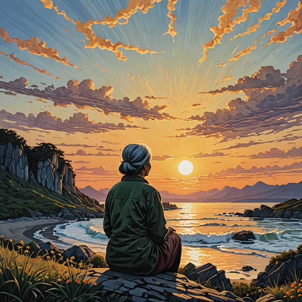 Woman Watches Sunrise: Gouache, Intricate Detail